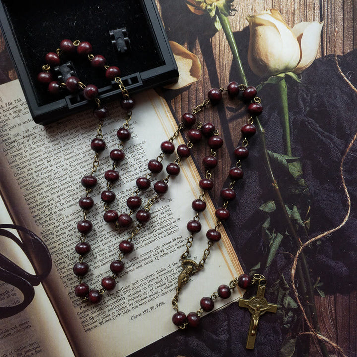 Collier avec pendentif en forme de croix en cuivre et chapelet en bois Olivenorma 
