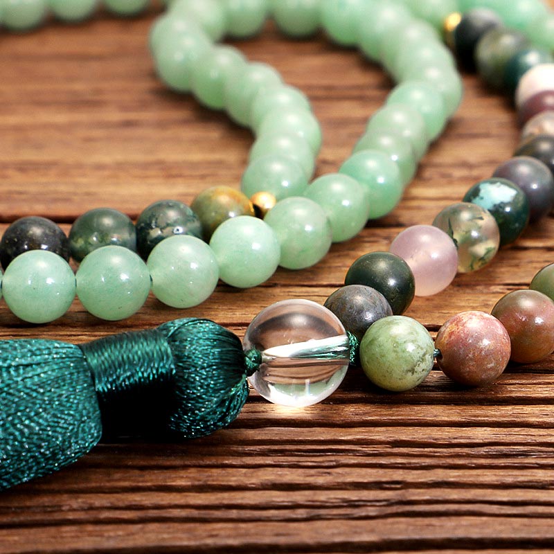 Collier Bracelet Mala en Aventurine Verte et Agate Indienne Olivenorma 