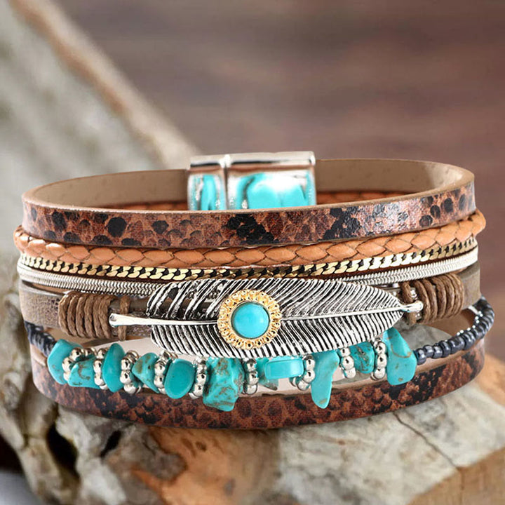 Bracelet en cuir multicouches marron vintage turquoise Olivenorma