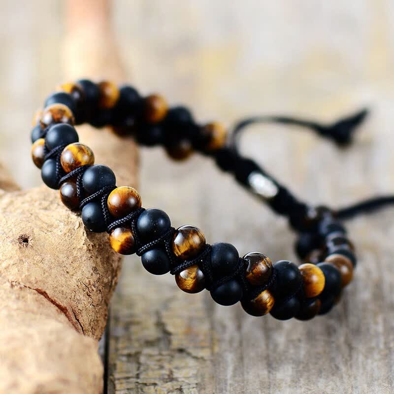 Bracelet tressé en perles d'onyx noir et œil de tigre Olivenorma 