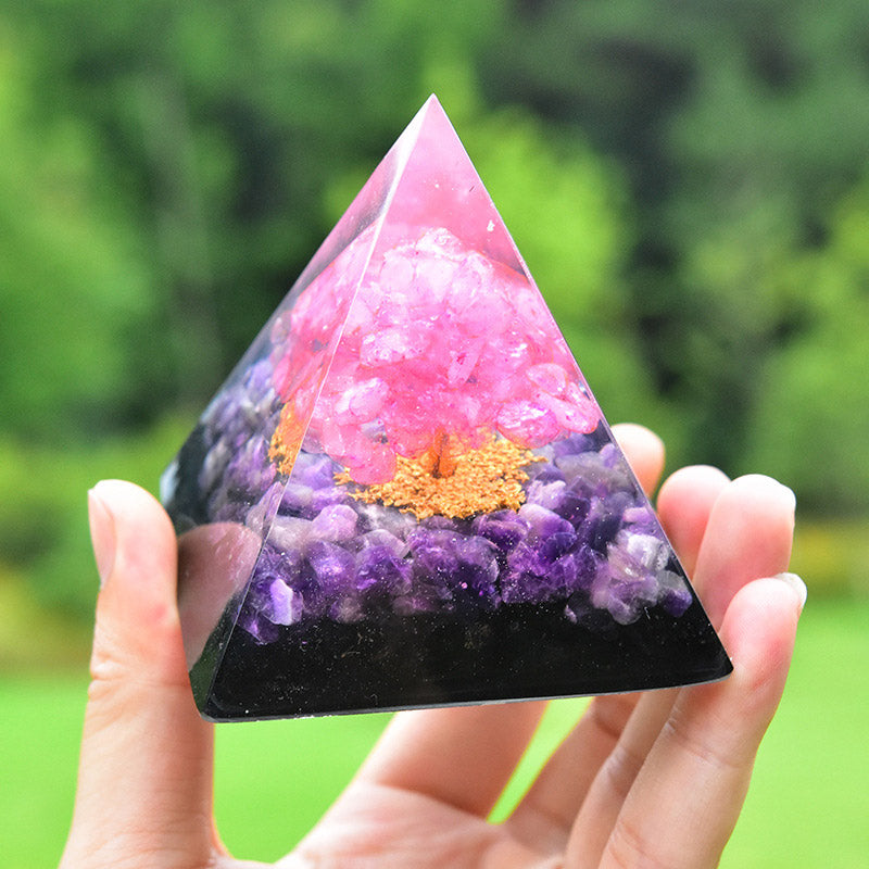 Pyramide d'orgone en obsidienne améthyste avec cristal rose Olivenorma