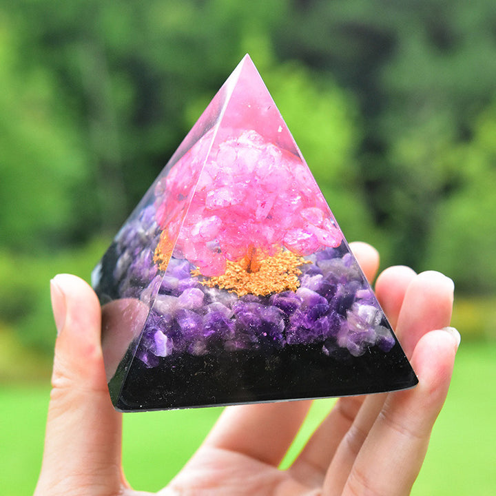 Pyramide d'orgone en obsidienne améthyste avec cristal rose Olivenorma