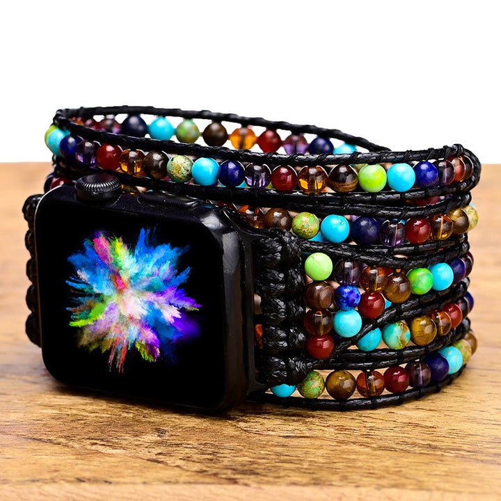 Bracelet de montre Apple tissé à la main avec pierres chakra à 5 couches Olivenorma