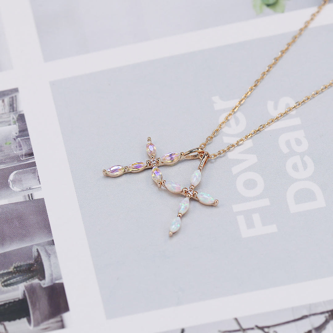 Collier pendentif croix en pierre de lune artificielle en opale Olivenorma