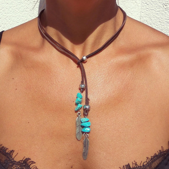Collier pendentif plume en alliage de cuir turquoise Olivenorma 