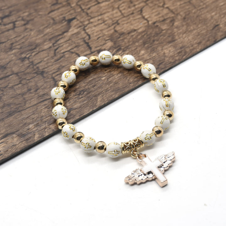 Bracelet en perles de jade blanc avec croix Olivenorma 