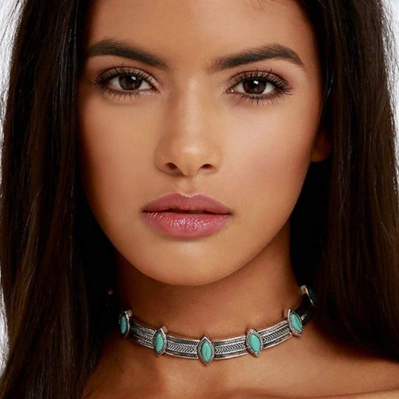 Collier ras du cou ethnique turquoise de style rétro