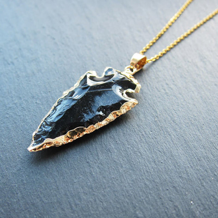 Collier en pointe de flèche en cornaline et cristal naturel Olivenorma - Obsidienne#Chaîne en or - image 1