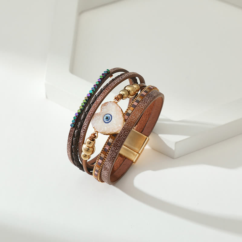 Bracelet Olivenorma « Triple Protection » en forme de cœur avec perles dorées en cristal et mauvais œil