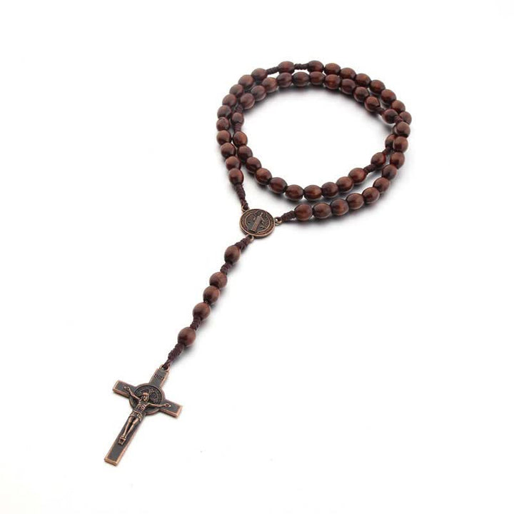 Collier chapelet en bois avec croix vintage tricotée Olivenorma