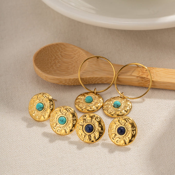 Boucles d'oreilles Olivenorma en acier titane doré et sodalite turquoise