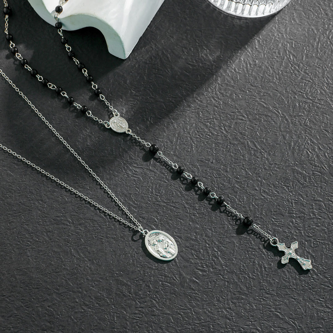 Collier chapelet avec pendentif croix en perles d'obsidienne Olivenorma 