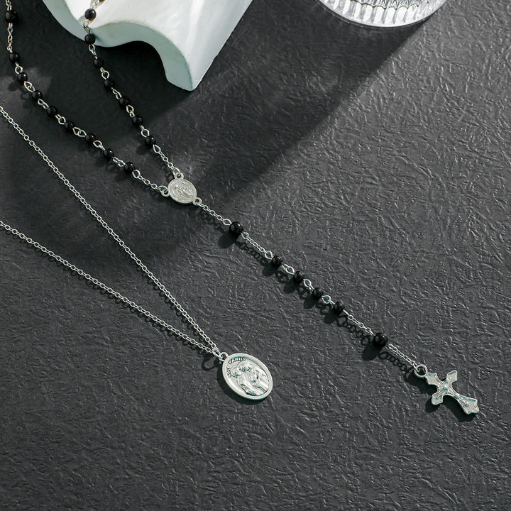 Collier chapelet avec pendentif croix en perles d'obsidienne Olivenorma 