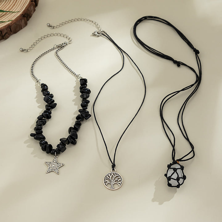 Ensemble de colliers avec pendentif en obsidienne et arbre de vie contre le mauvais œil Olivenorma 