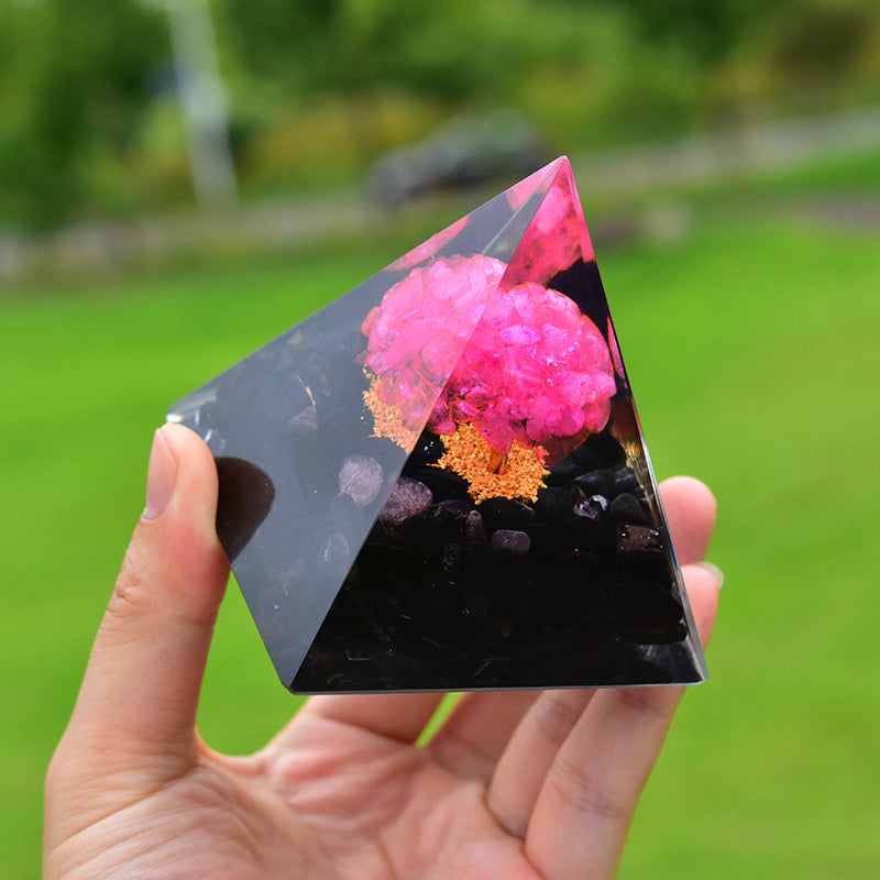 Pyramide d'orgone de guérison en obsidienne Olivenorma avec cristal rose