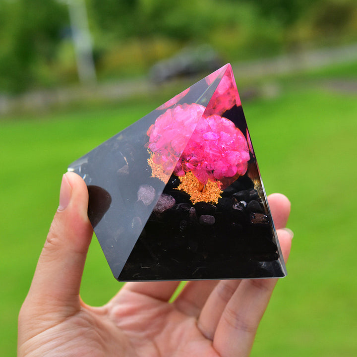 Pyramide d'orgone de guérison en obsidienne Olivenorma avec cristal rose