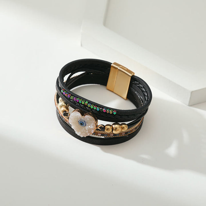 Bracelet Olivenorma « Triple Protection » en forme de cœur avec perles dorées en cristal et mauvais œil