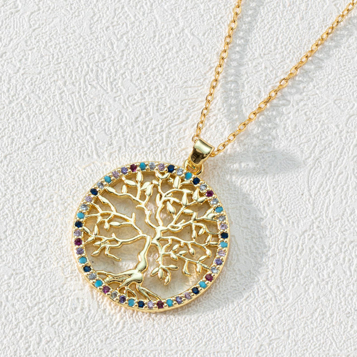 Collier pendentif clavicule arbre de vie rond creux en zircon Olivenorma