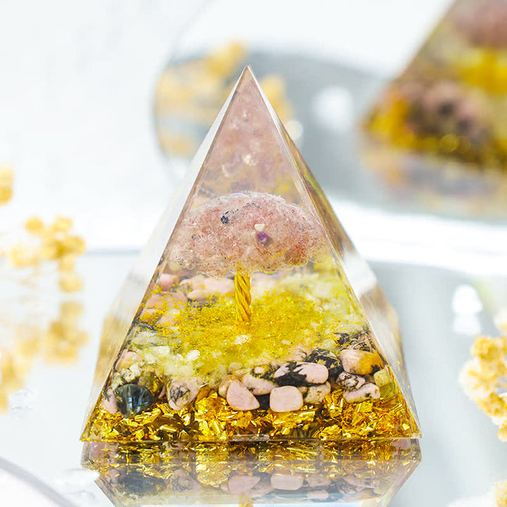 Pyramide d'orgone en quartz fraise Olivenorma avec rhodonite arbre de vie