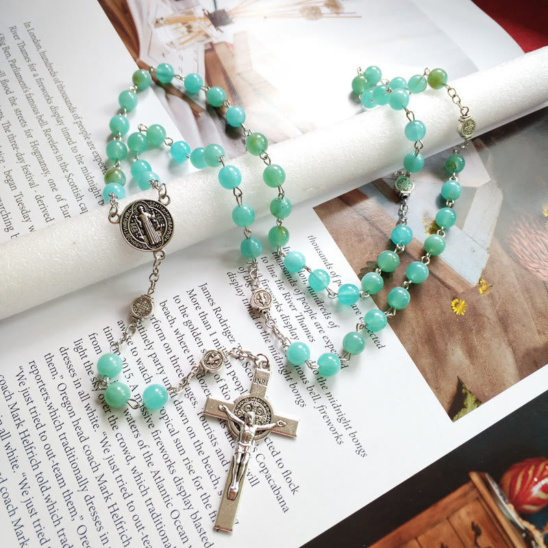 Collier pendentif chapelet en forme de croix et médaille d'amazonite Olivenorma - Amazonite et croix - image 0
