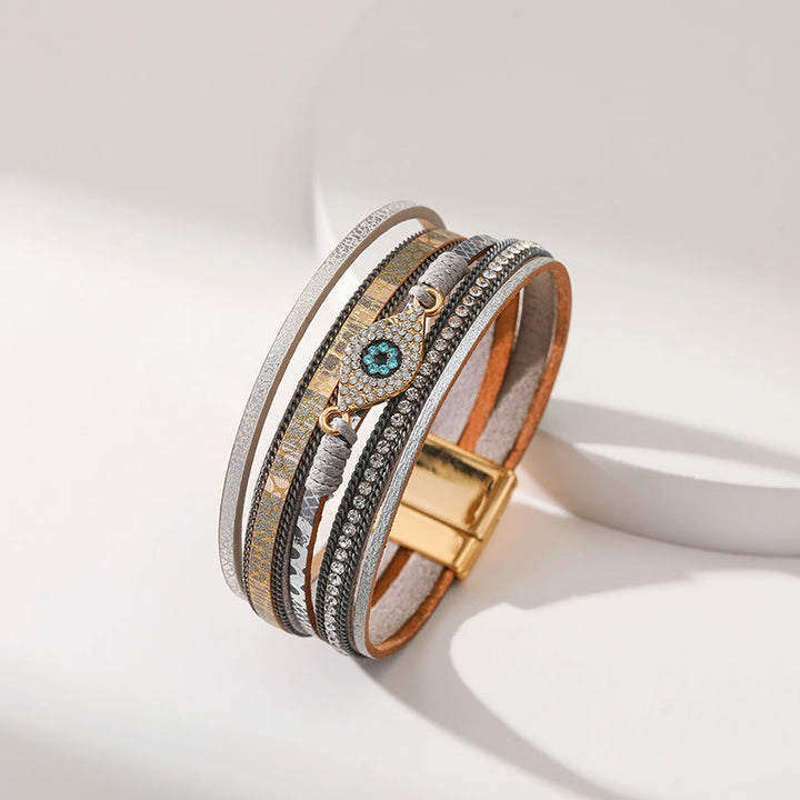 Bracelet Olivenorma en similicuir motif léopard avec zircon et mauvais œil