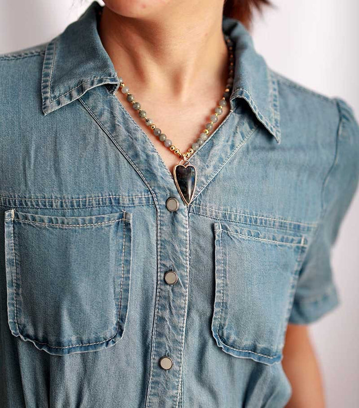 Collier pendentif long en forme de cœur avec labradorite Olivenorma 