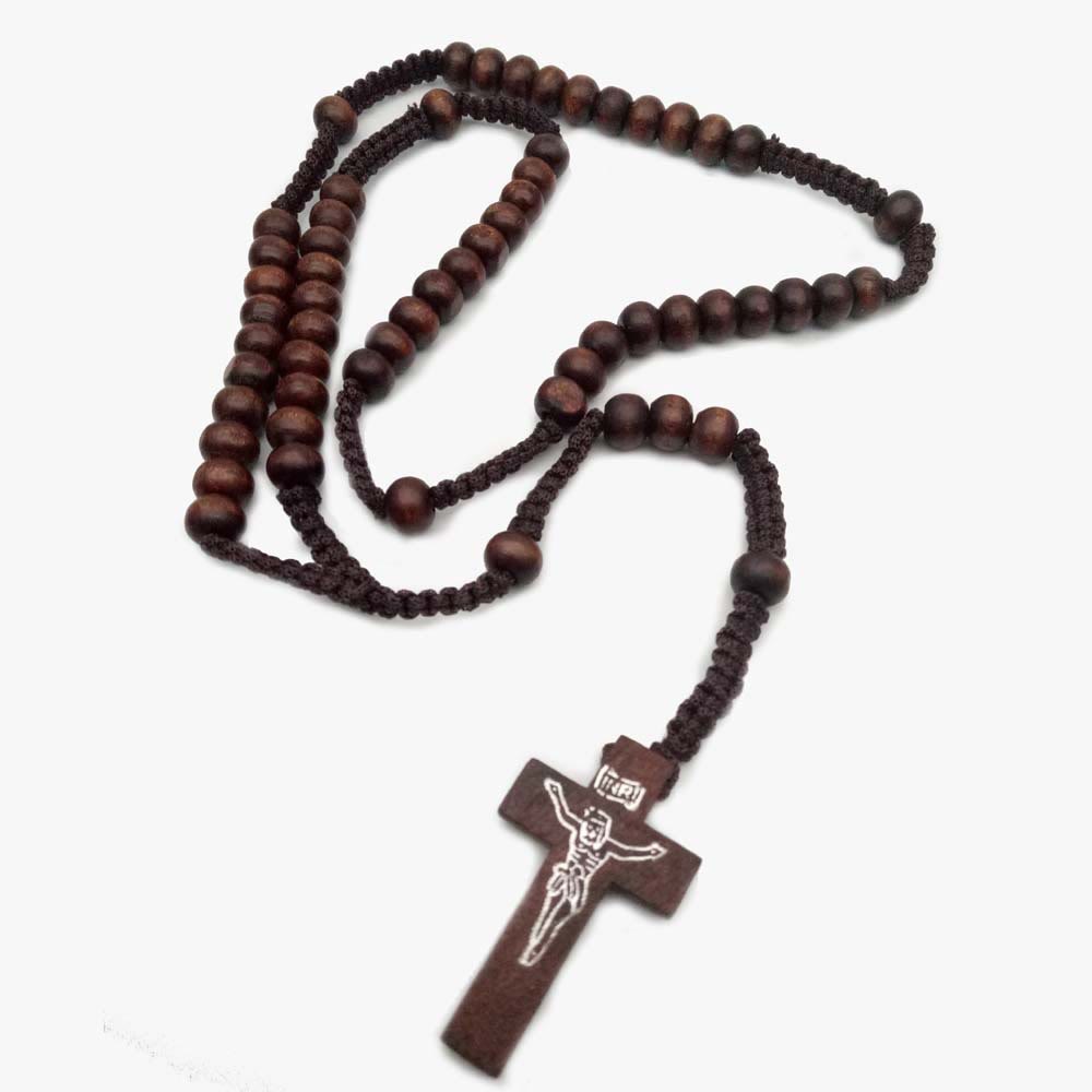 Collier chapelet en perles de bois avec croix Olivenorma