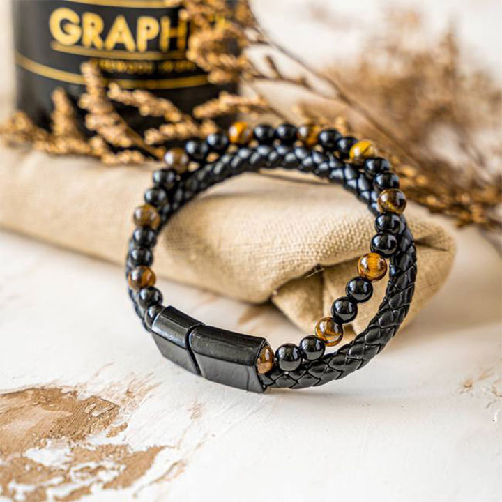Bracelet en cuir tressé pour homme avec œil de tigre - Oeil de tigre - image 0