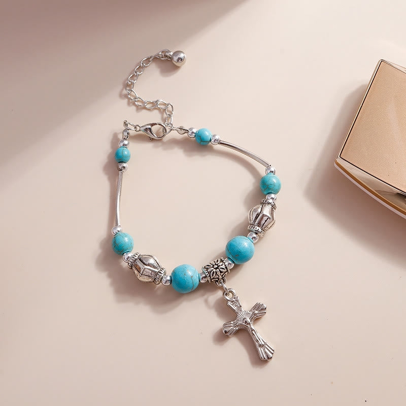Bracelet pendentif croix en argent et perles turquoise Olivenorma