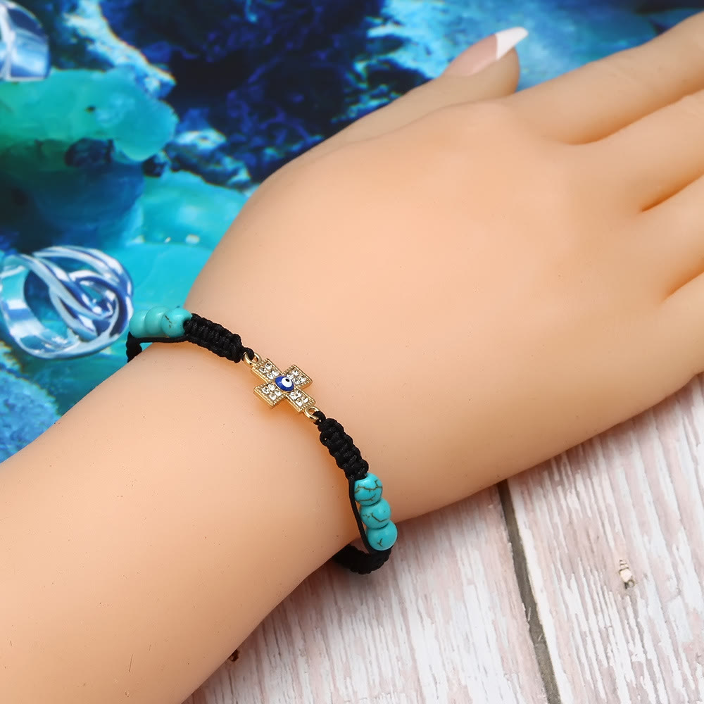 Bracelet tressé ajustable Olivenorma en zircon blanc turquoise contre le mauvais œil