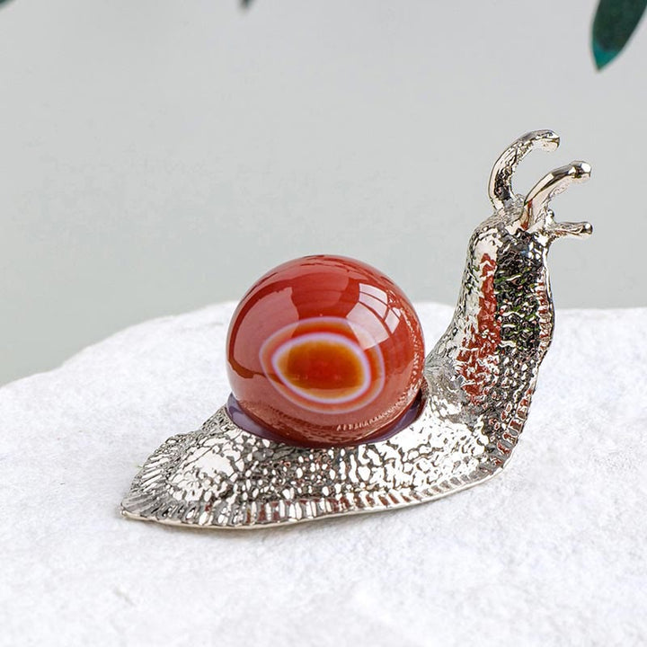 Support de boule de cristal naturel Olivenorma, petite décoration en pierre précieuse en forme d'escargot - Agate rouge - Argent - image 14