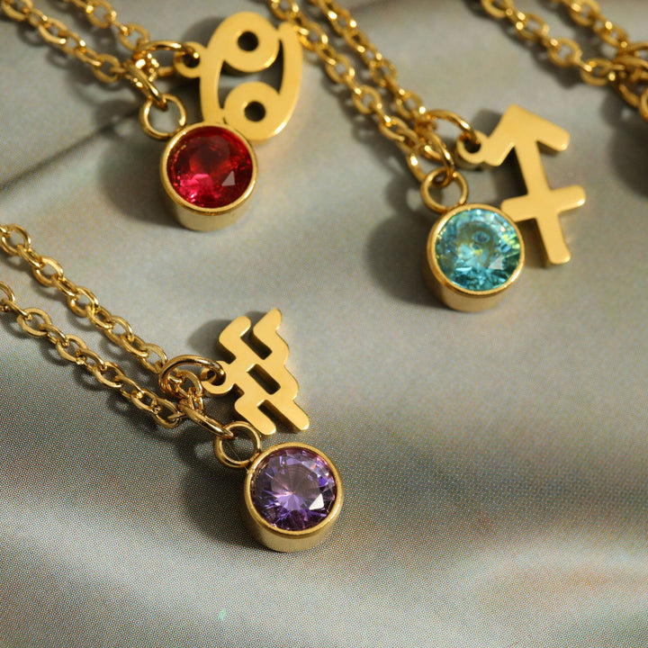 Collier en acier inoxydable avec pierre de naissance et runes du zodiaque Olivenorma