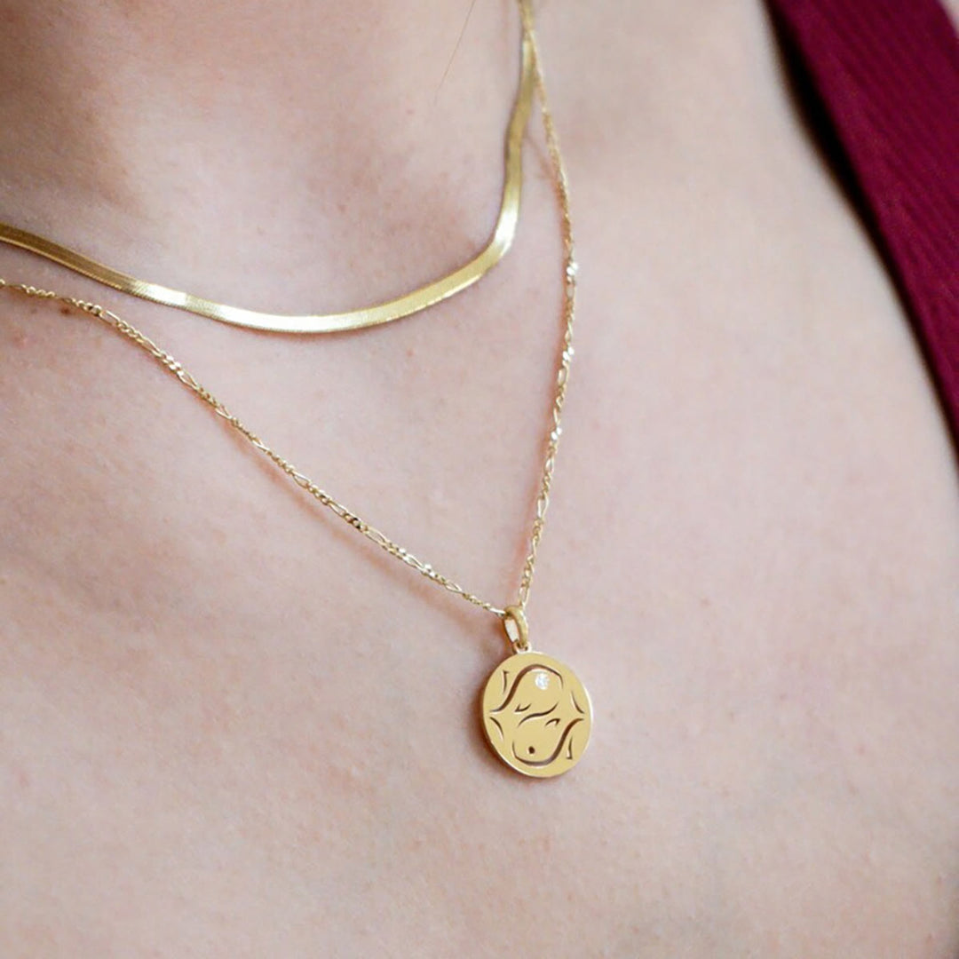 Collier en acier inoxydable avec cercle creux en zircon blanc et signe du zodiaque Olivenorma 