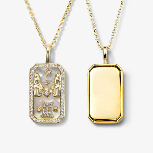 Collier avec plaque signalétique gravée avec 12 signes du zodiaque en zircon blanc Olivenorma 