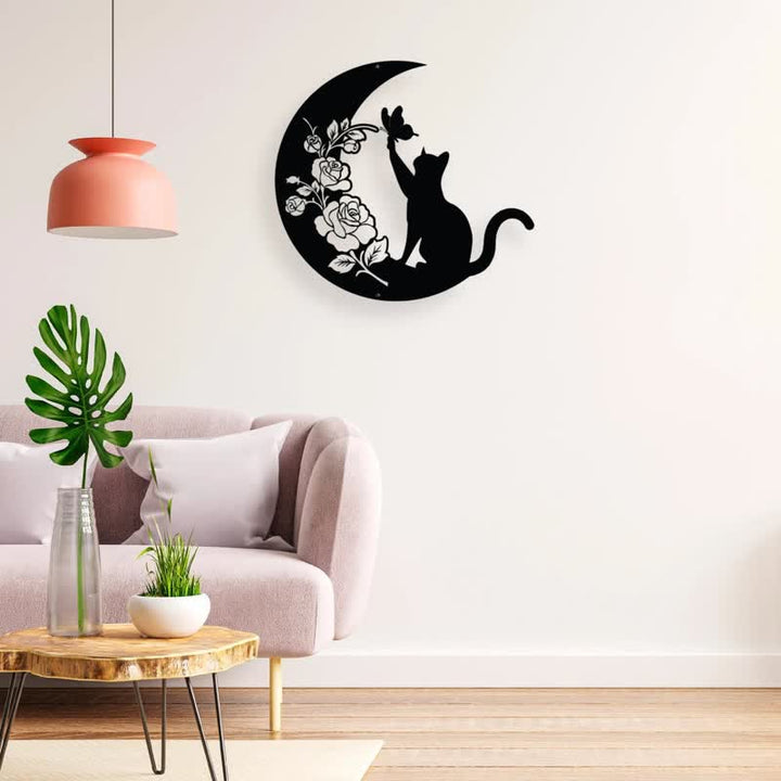 Décoration murale en métal avec croissant de lune et chat Olivenorma