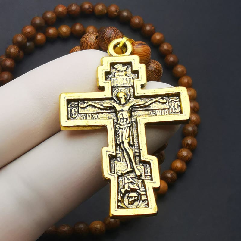 Collier chapelet avec pendentif en croix Olivenorma et perles en bois
