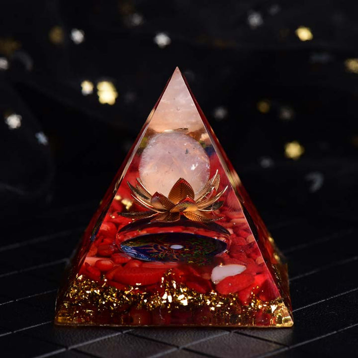 Pyramide d'orgone en quartz rose corail rouge Olivenorma