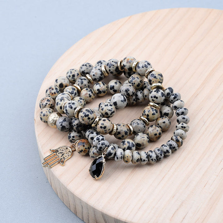 Bracelet pendentif Hamsa en obsidienne et jaspe dalmatien naturel Olivenorma 