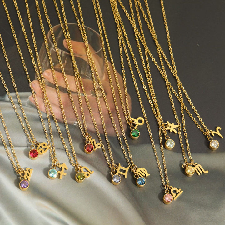 Collier en acier inoxydable avec pierre de naissance et runes du zodiaque Olivenorma