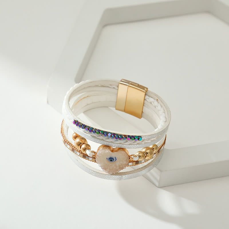 Bracelet Olivenorma « Triple Protection » en forme de cœur avec perles dorées en cristal et mauvais œil