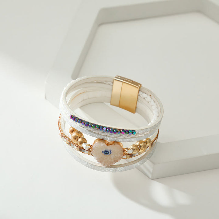 Bracelet Olivenorma « Triple Protection » en forme de cœur avec perles dorées en cristal et mauvais œil