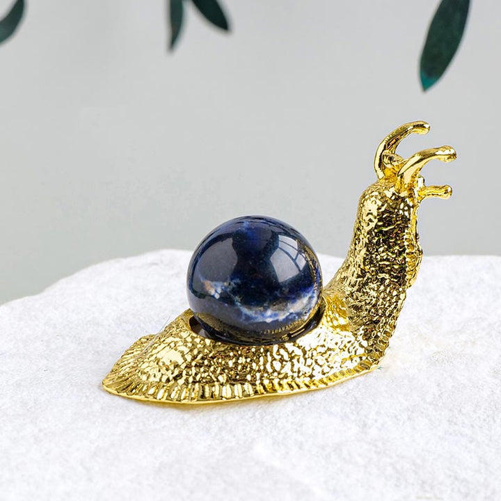 Support de boule de cristal naturel Olivenorma, petite décoration en pierre précieuse en forme d'escargot - Sodalite - Doré - image 19
