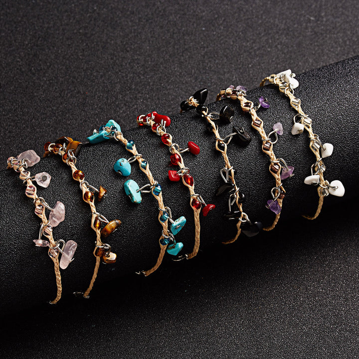 Bracelet tressé en gravier avec pompon en obsidienne et améthyste œil de tigre Olivenorma