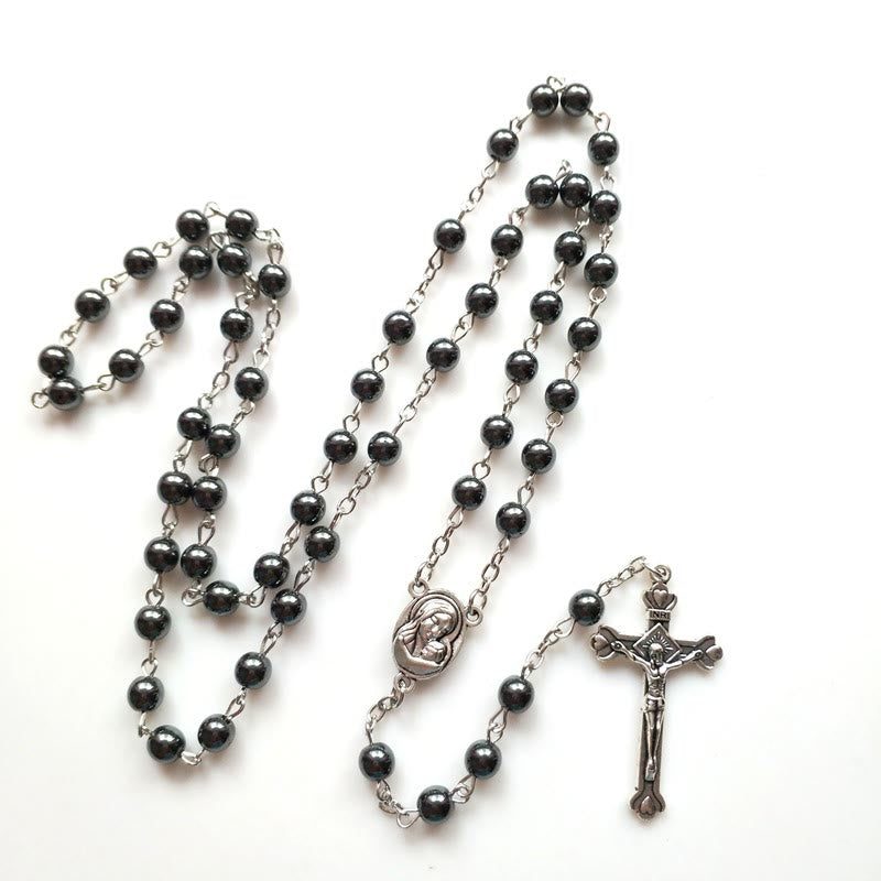 Collier chapelet avec pendentif en croix et médaille sacrée en hématite Olivenorma 