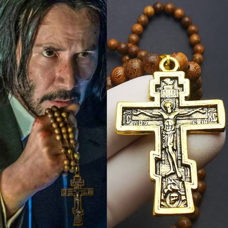 Collier chapelet avec pendentif en croix Olivenorma et perles en bois