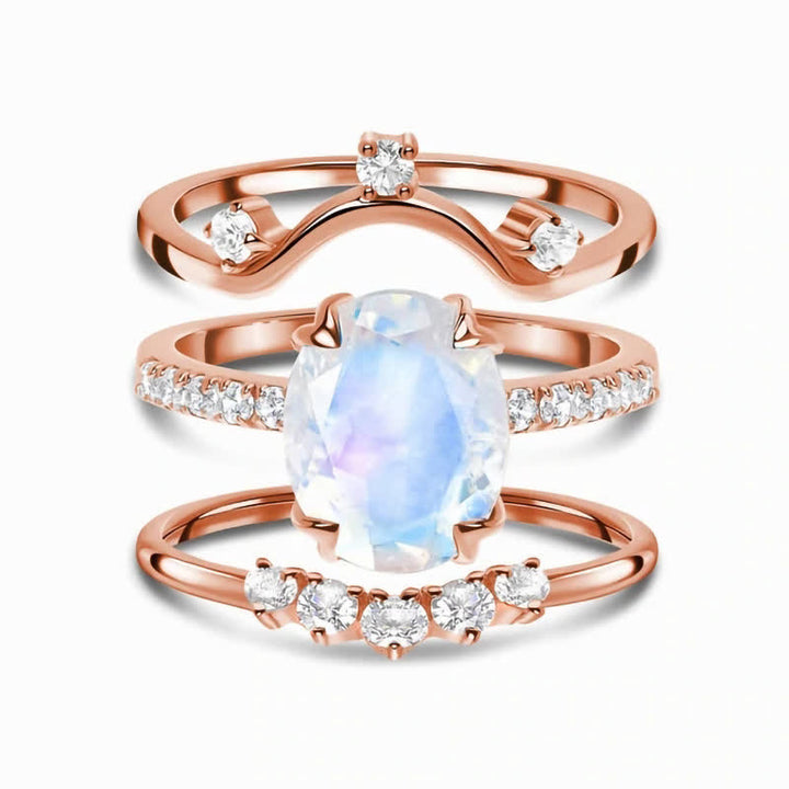 Bague créative en 3 pièces avec pierre de lune en cristal naturel Olivenorma