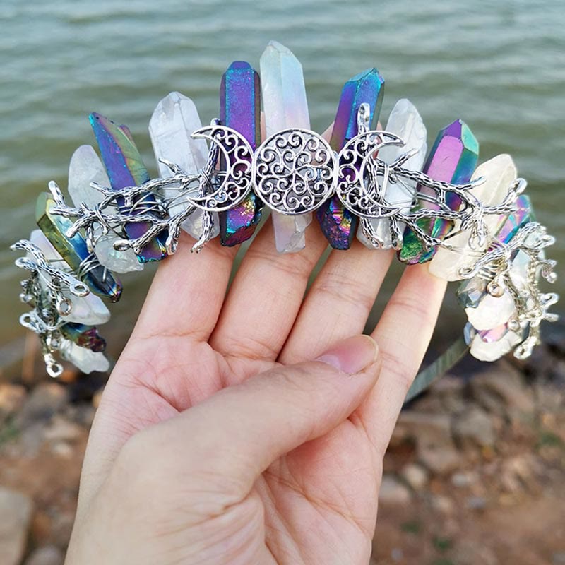 Serre-tête couronne avec coutures en cristal bicolore irisé naturel Olivenorma