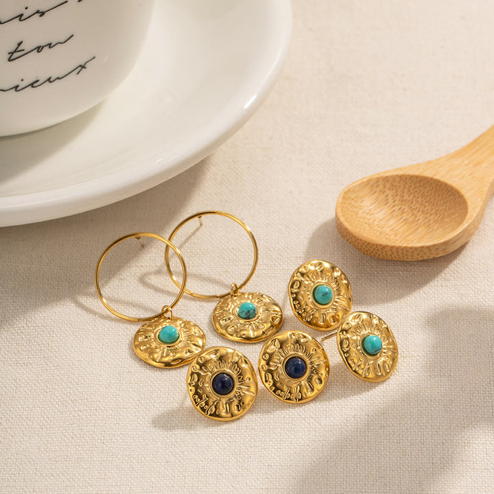 Boucles d'oreilles Olivenorma en acier titane doré et sodalite turquoise