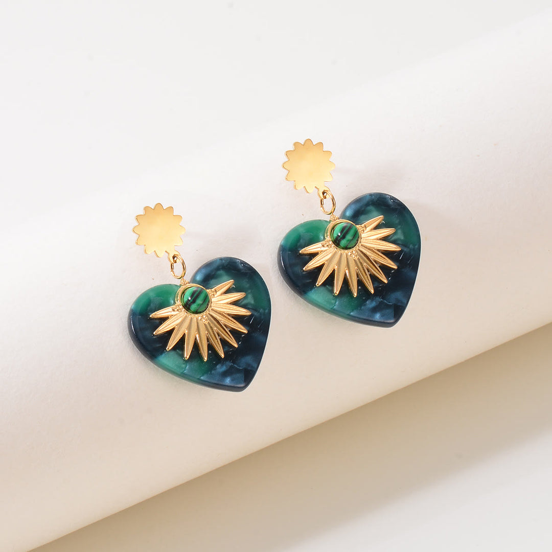 Boucles d'oreilles en forme de cœur en acier inoxydable doré et agate mousse Olivenorma 