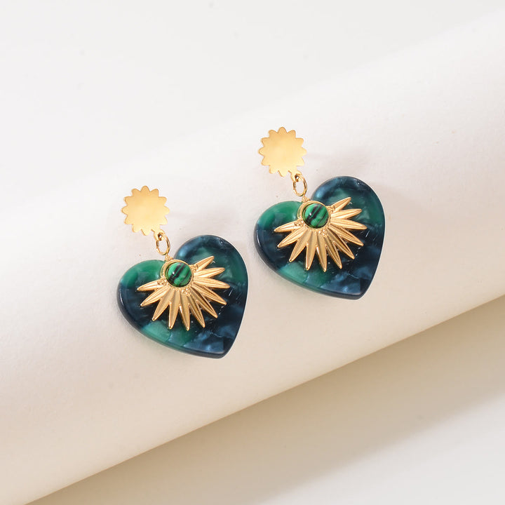 Boucles d'oreilles en forme de cœur en acier inoxydable doré et agate mousse Olivenorma 